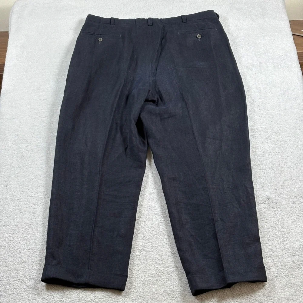 Eddie Bauer Mens Belgian Linen Pleated Cuffed Trousers Navy Blue Relaxed Fit 38